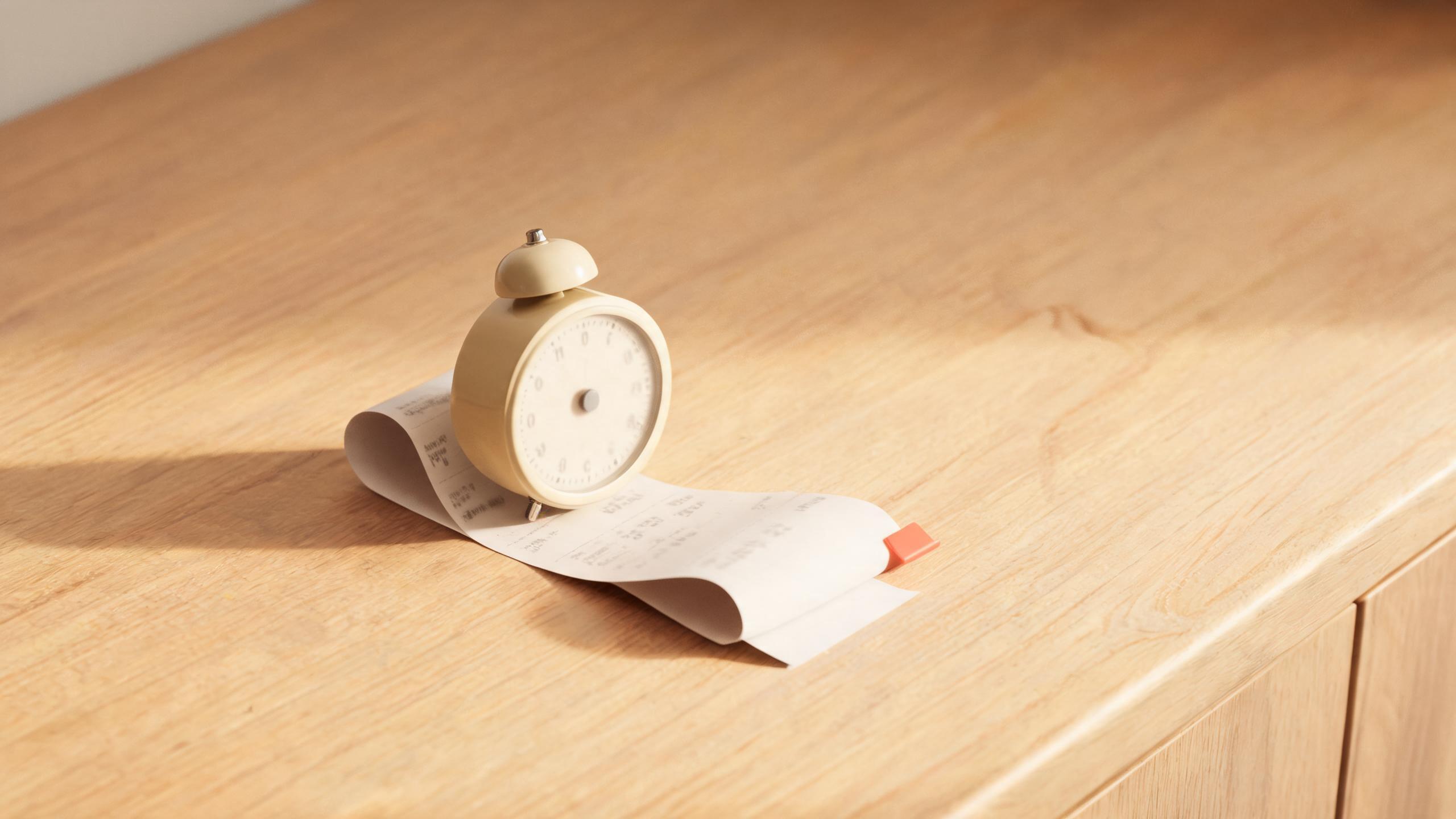 A kitchen timer resting on a long, curled paper receipt on a wooden desk