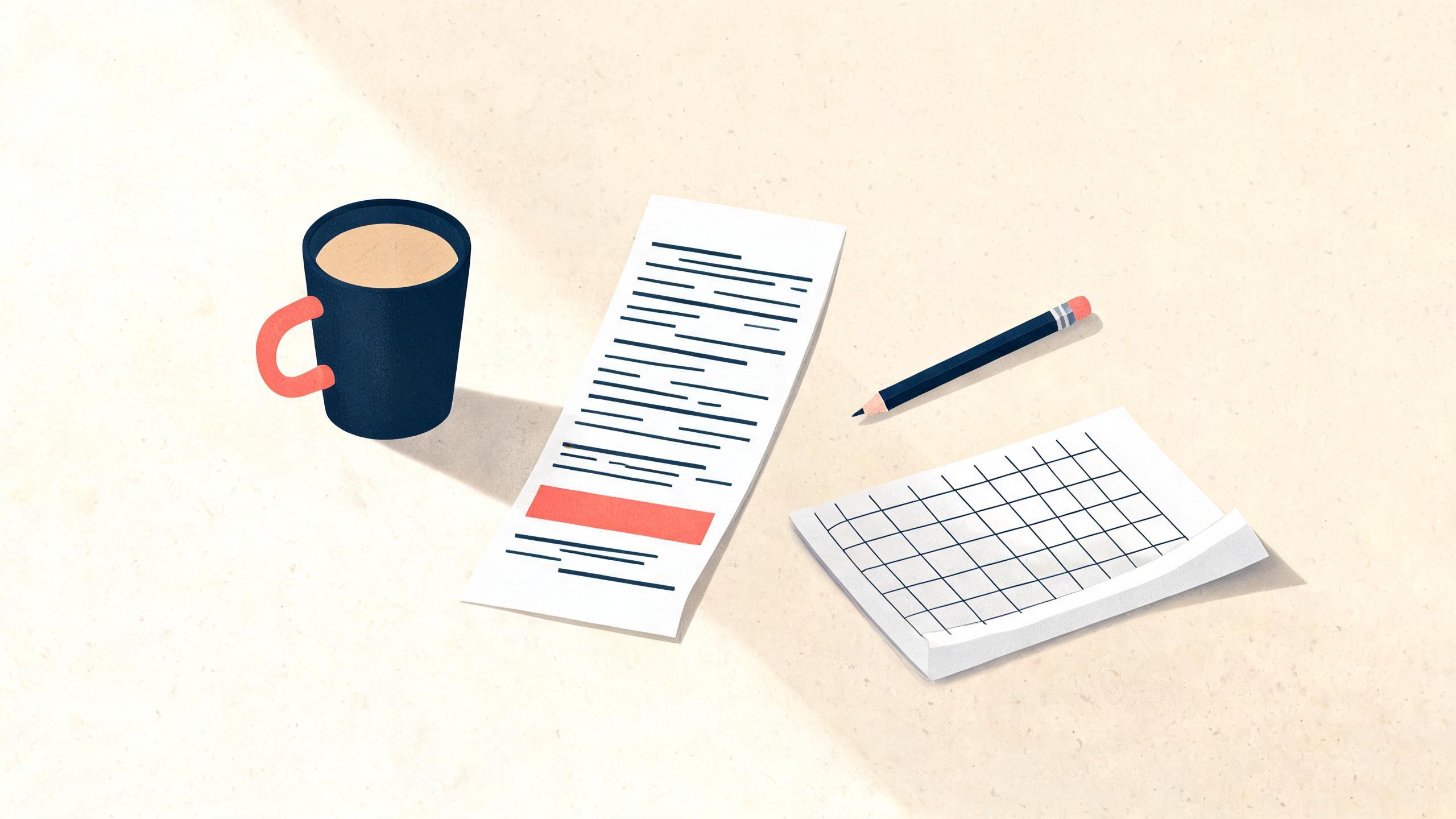 A paper receipt on a desk beside a coffee cup, a pencil and a spreadsheet printout